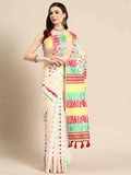 Off white pure cotton saree with woven zari floral design and blouse piece