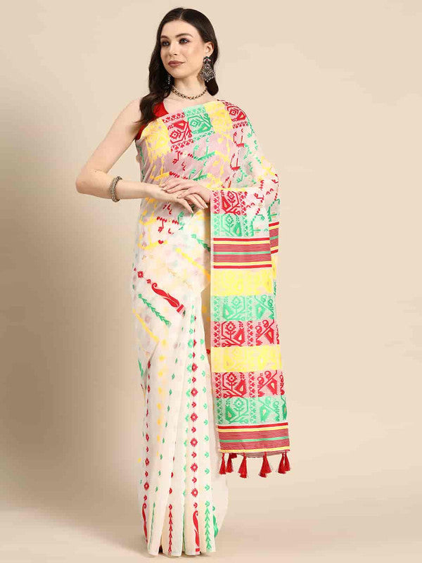 Off white pure cotton saree with woven zari floral design and blouse piece