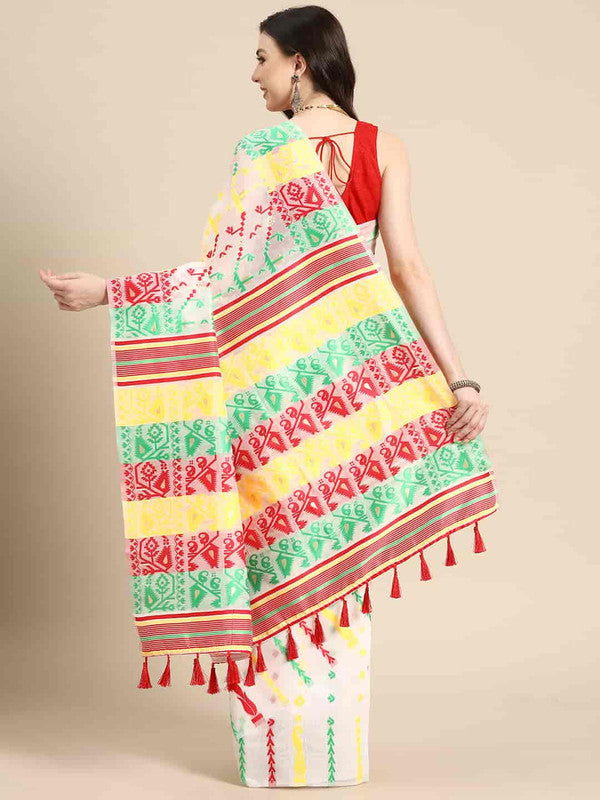 Off White Pure Cotton Zari Design Floral Saree with Blouse