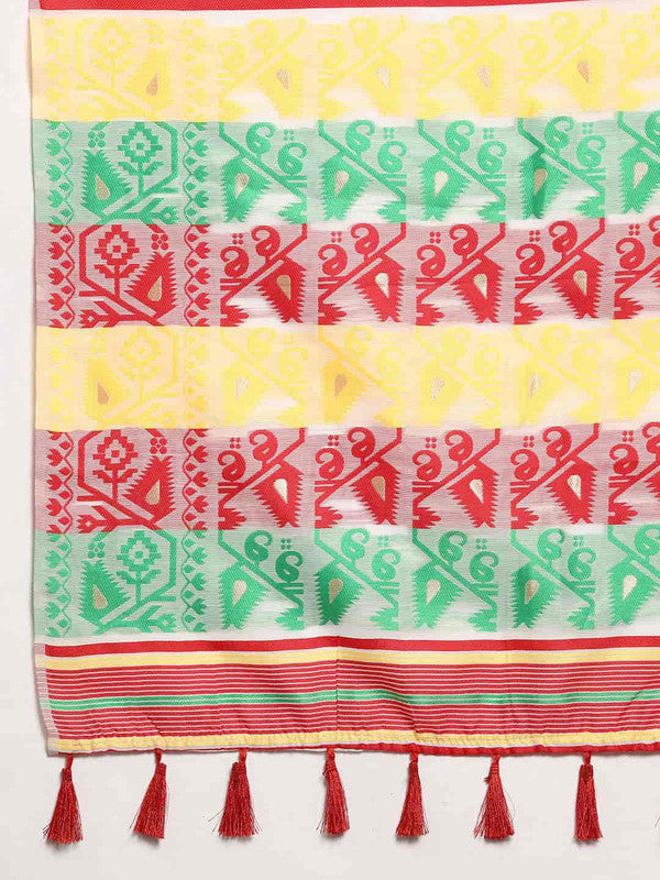 Off White Pure Cotton Zari Design Floral Saree with Blouse