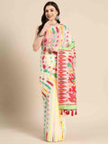 Off White Pure Cotton Saree with floral print and zari detailing with unstitched blouse