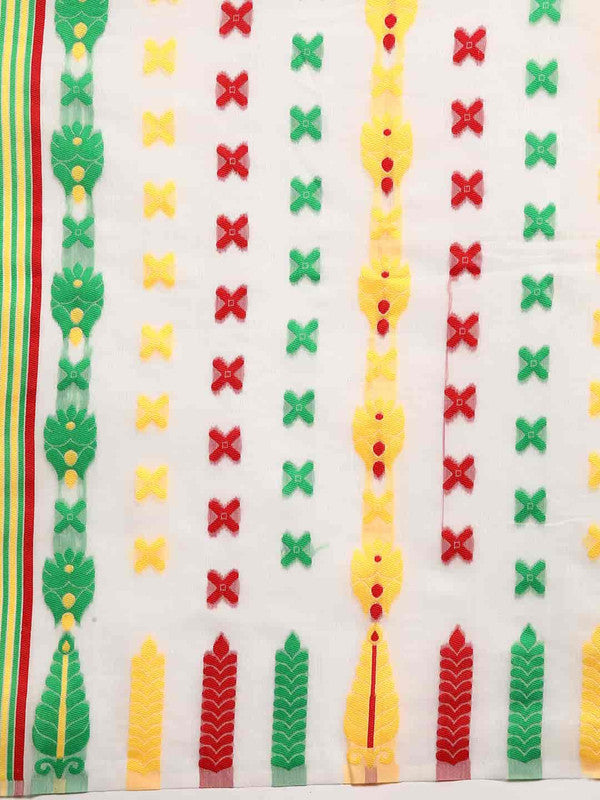 Off White Pure Cotton Floral Saree with Zari Weave & Blouse