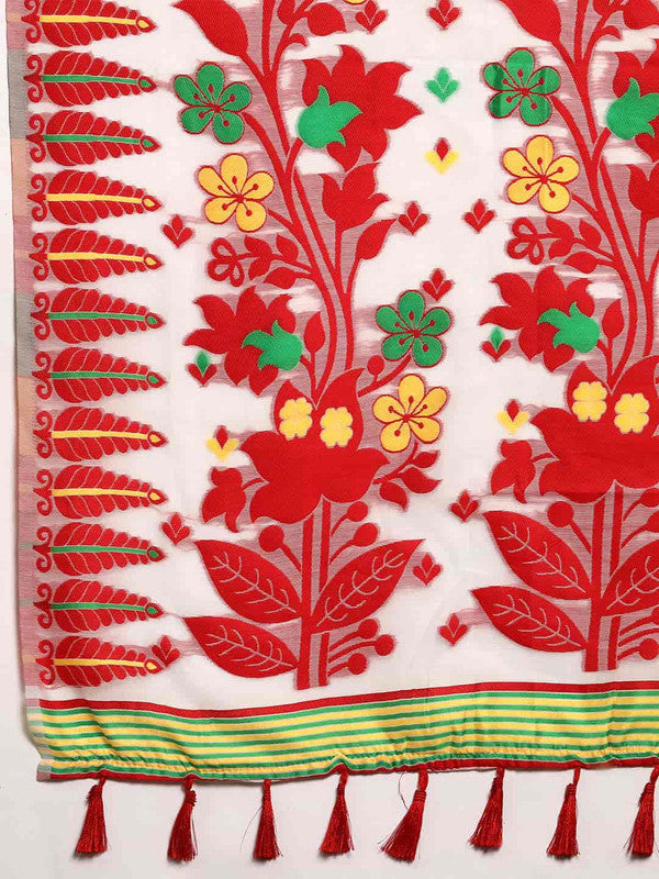 Off White Pure Cotton Floral Saree with Zari Weave & Blouse