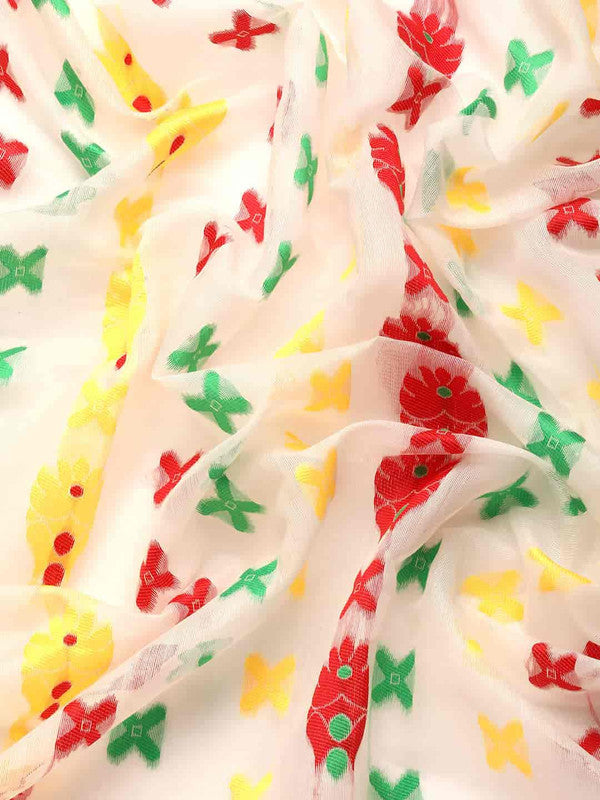Off White Pure Cotton Floral Saree with Zari Weave & Blouse