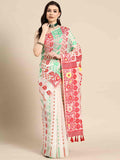 Off White Pure Cotton Saree with floral patterns and woven zari border and unstitched blouse piece
