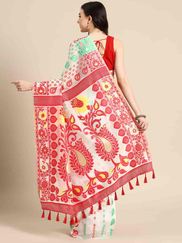 Off White Pure Cotton Floral Saree with Zari Weave & Blouse