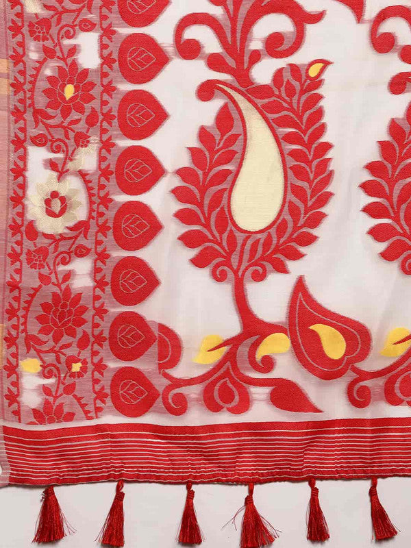 Off White Pure Cotton Floral Saree with Zari Weave & Blouse