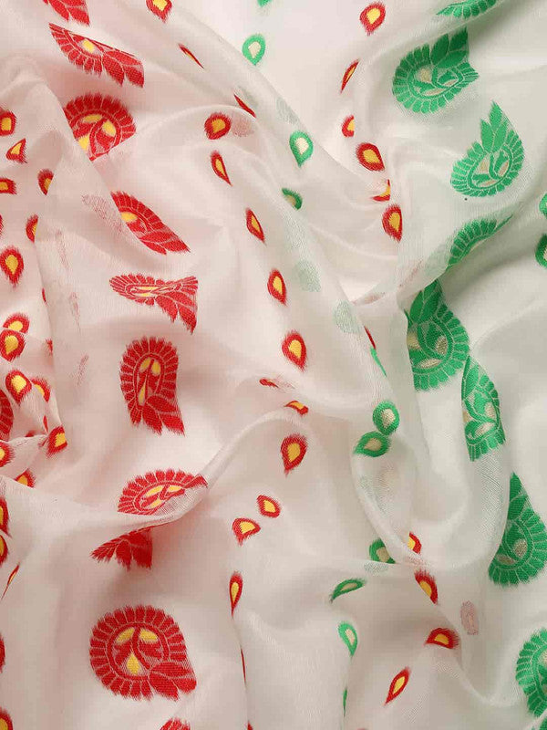 Off White Pure Cotton Floral Saree with Zari Weave & Blouse