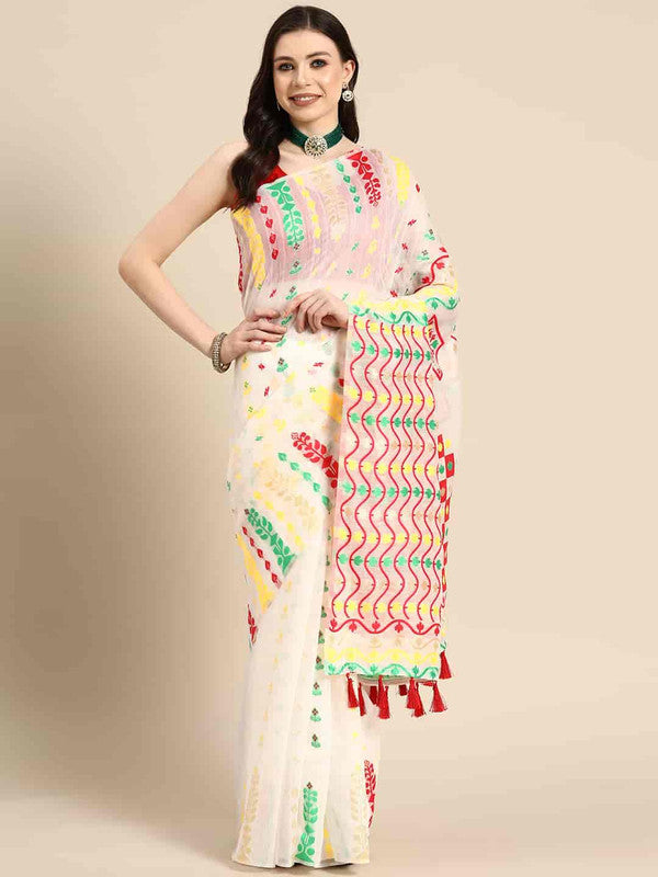 Off White pure cotton saree with woven Zari floral design and unstitched blouse