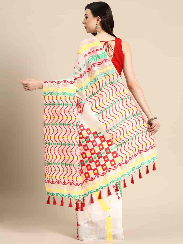 Off White Pure Cotton Woven Zari Design Floral Saree