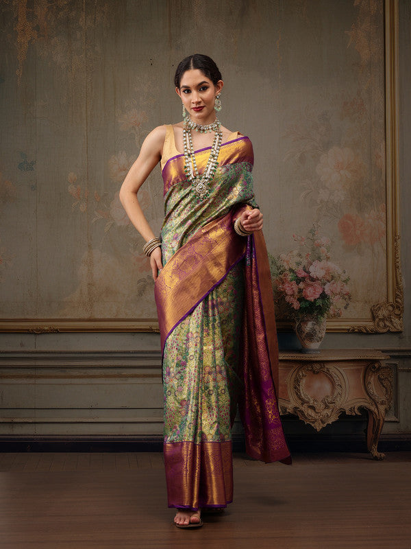 Green Pure Silk Woven Zari Floral Saree with Unstitched Blouse