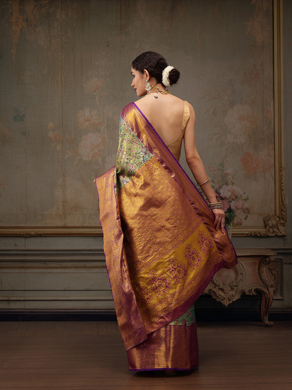 Green Pure Silk Woven Zari Floral Saree with Unstitched Blouse