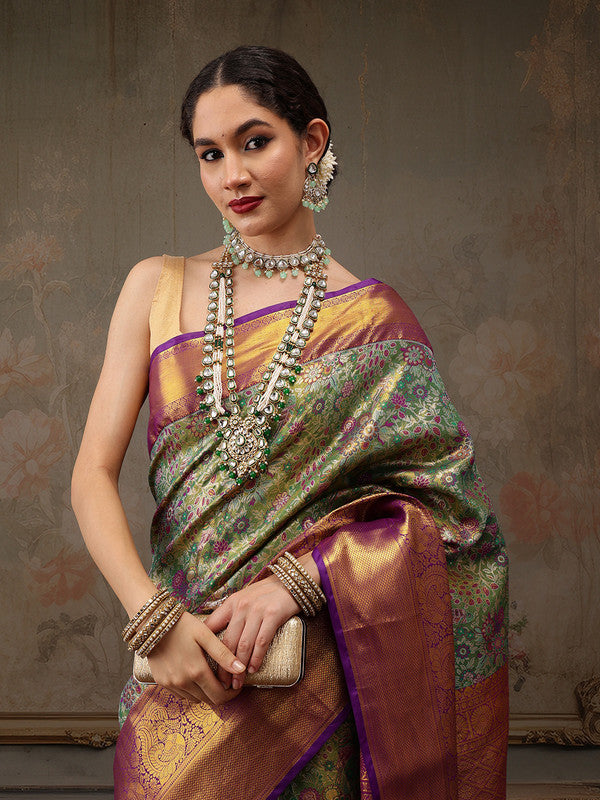 Green Pure Silk Woven Zari Floral Saree with Unstitched Blouse