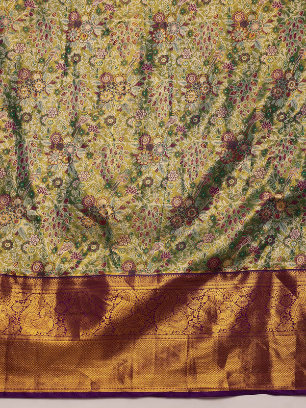 Green Pure Silk Woven Zari Floral Saree with Unstitched Blouse
