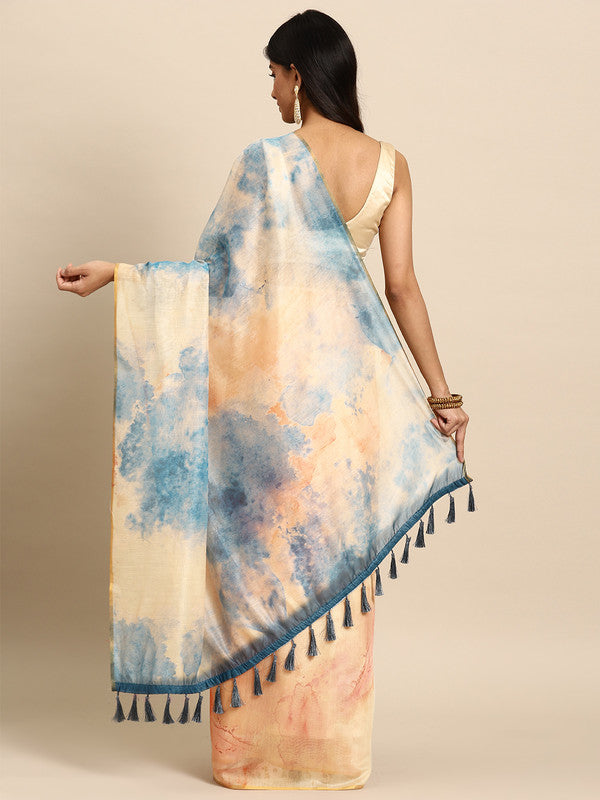 Beige Organza Printed Tie and Dye Saree with Unstitched Blouse - Hiral Fashion