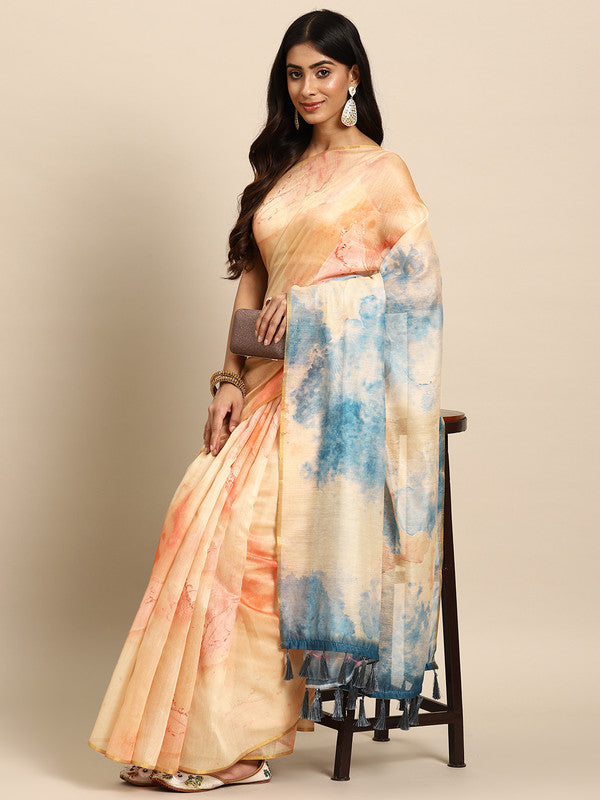 Beige Organza Printed Tie and Dye Saree with Unstitched Blouse - Hiral Fashion