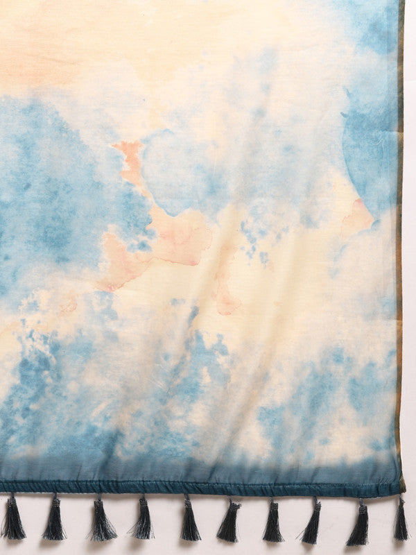 Beige Organza Printed Tie and Dye Saree with Unstitched Blouse - Hiral Fashion