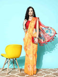 Mustard organza tie and dye printed saree with unstitched blouse