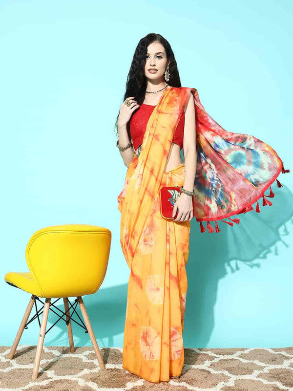 Mustard organza tie and dye printed saree with unstitched blouse