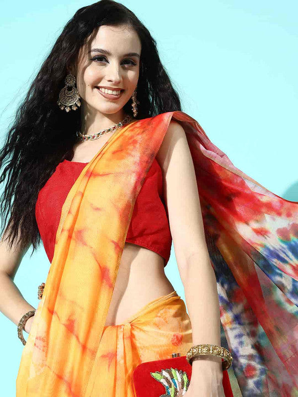 Mustard Tie and Dye Printed Organza Saree with Blouse Piece