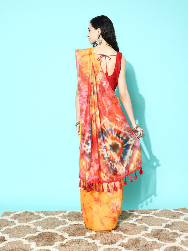 Mustard Tie and Dye Printed Organza Saree with Blouse Piece