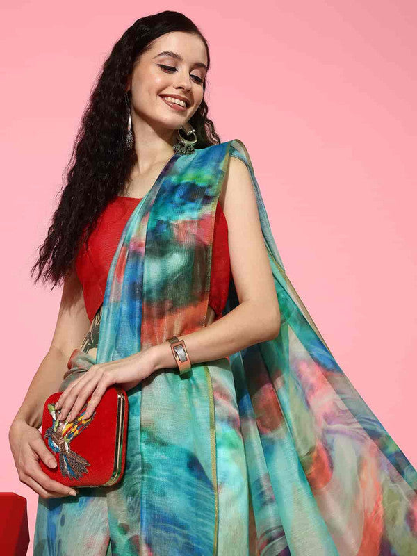 Multicolor Organza Tie and Dye Saree with Unstitched Blouse