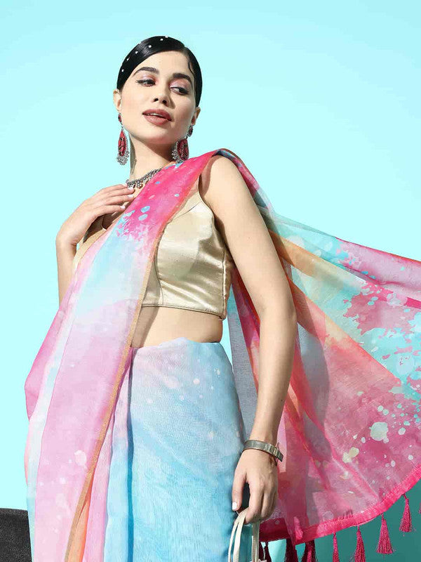 Pink organza saree with tie and dye print and matching blouse piece