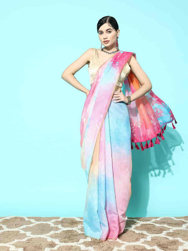 Pink Organza Tie and Dye Saree with Printed Design & Blouse