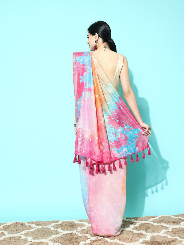 Pink Organza Tie and Dye Saree with Printed Design & Blouse