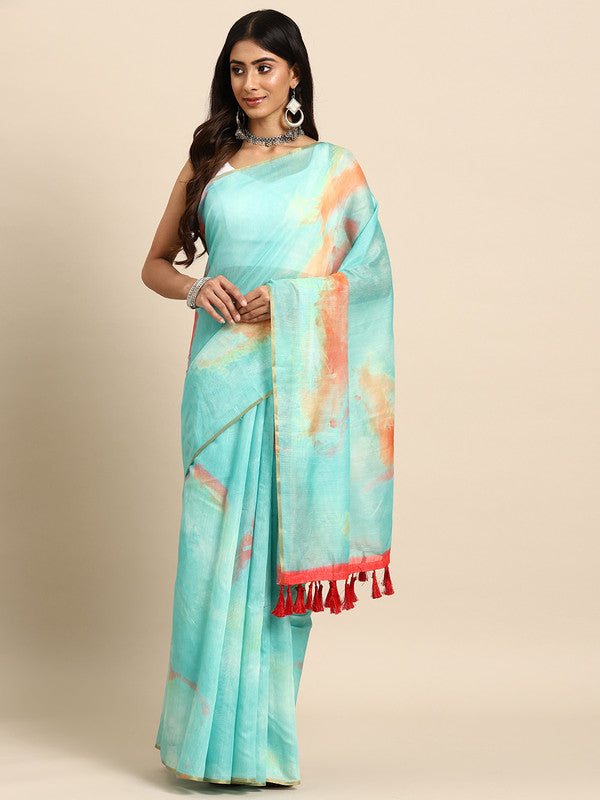Green organza saree with tie-dye print and matching unstitched blouse