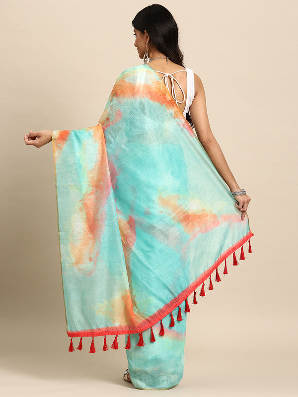 Green Organza Tie and Dye Printed Saree with Unstitched Blouse