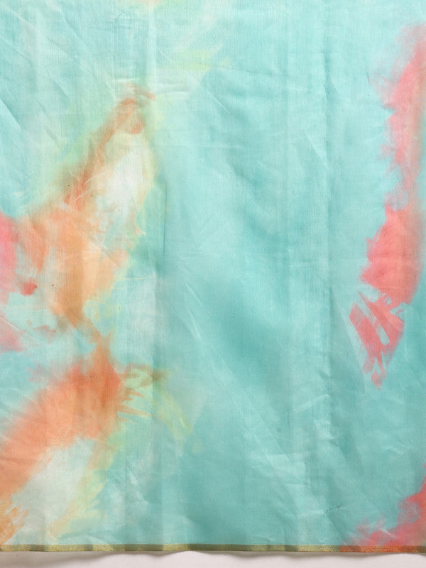 Green Organza Tie and Dye Printed Saree with Unstitched Blouse
