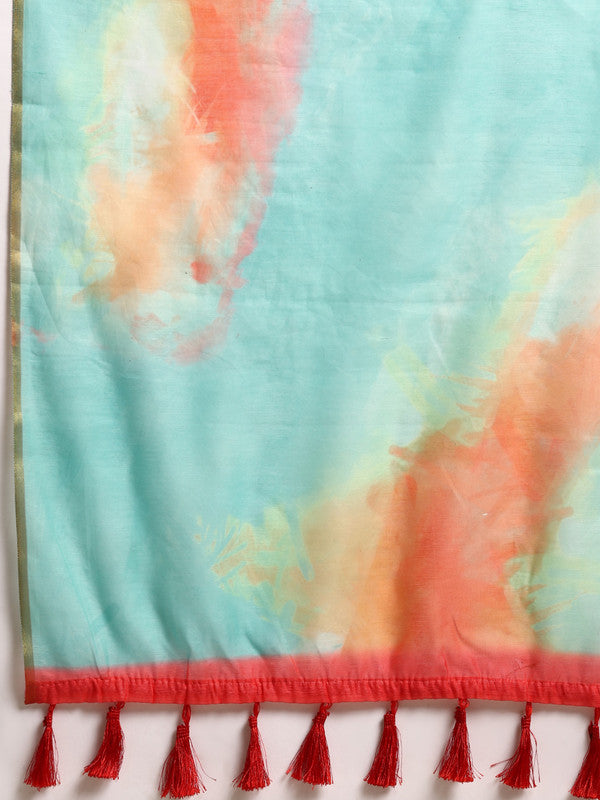 Green Organza Tie and Dye Printed Saree with Unstitched Blouse
