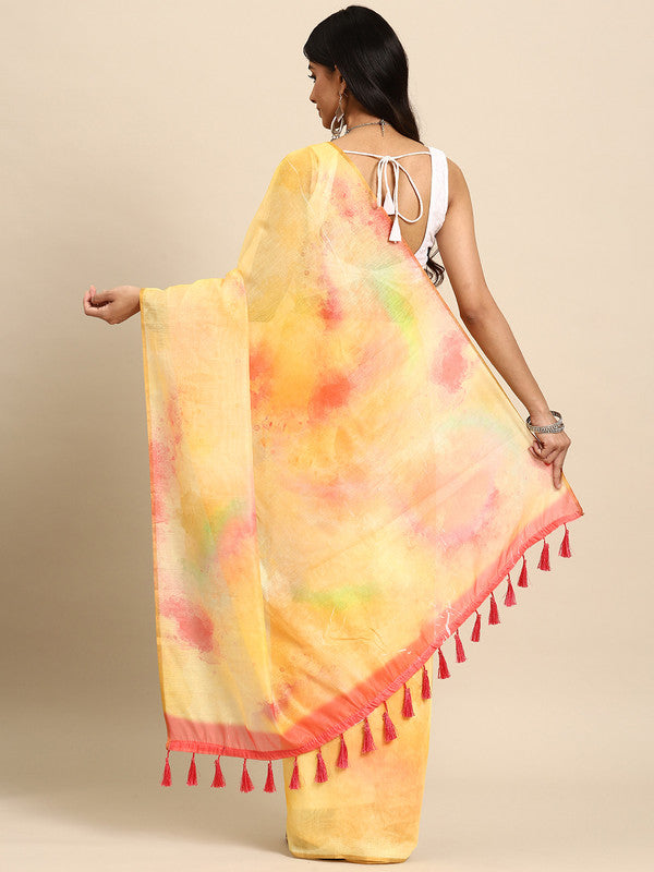 Yellow Organza Printed Tie and Dye Saree with Blouse Piece