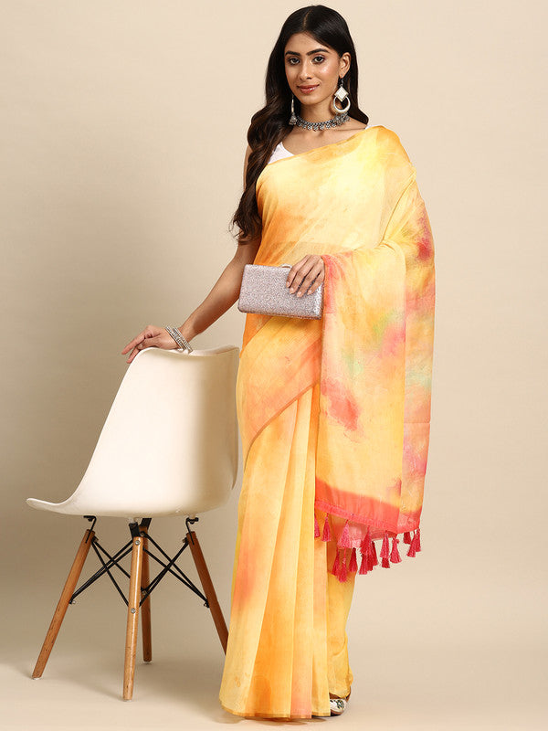 Yellow organza saree with tie and dye print and unstitched blouse piece