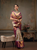 Gray and Silver Pure Silk Saree with floral design and intricate woven zari