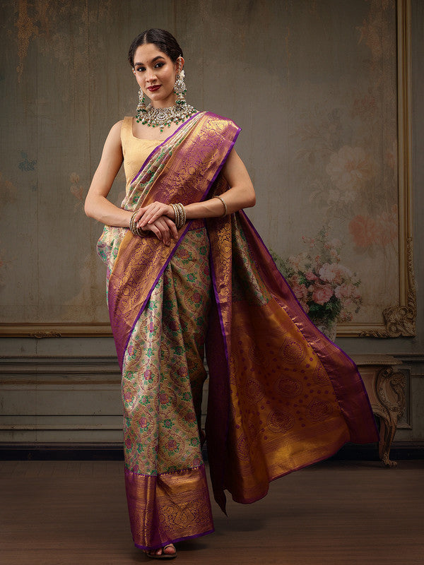 Gray Silver Pure Silk Floral Saree with Zari Weave & Blouse