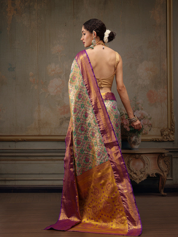 Gray Silver Pure Silk Floral Saree with Zari Weave & Blouse