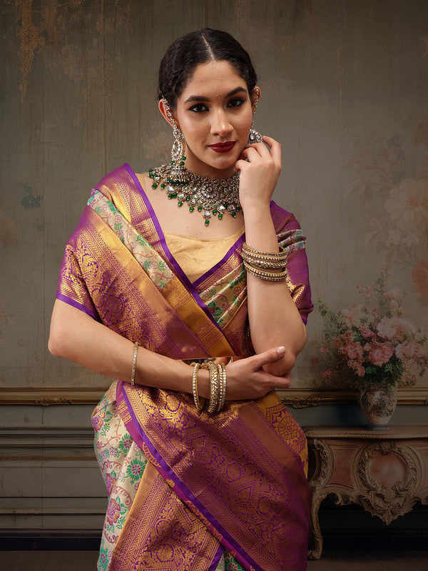 Gray Silver Pure Silk Floral Saree with Zari Weave & Blouse