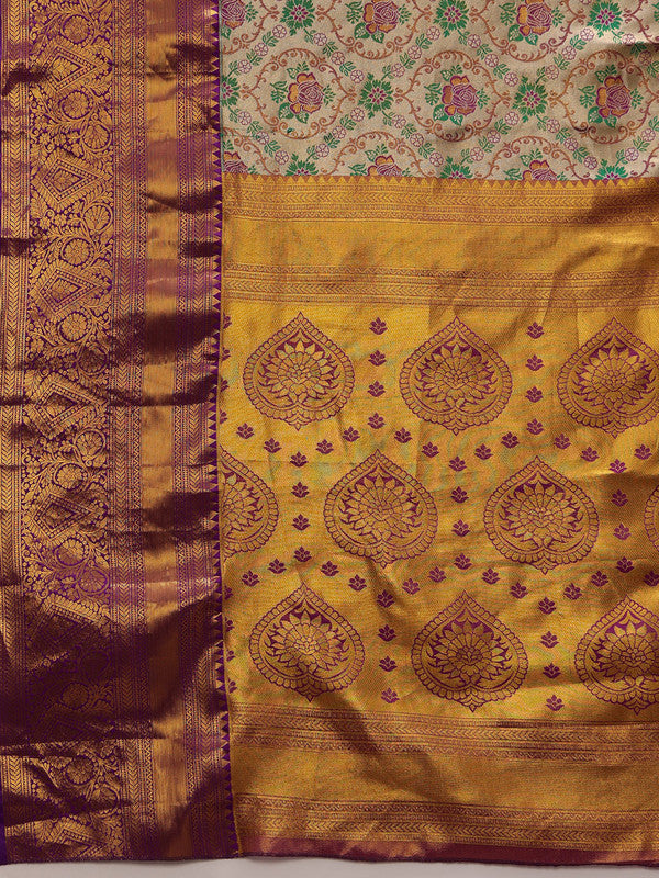 Gray Silver Pure Silk Floral Saree with Zari Weave & Blouse