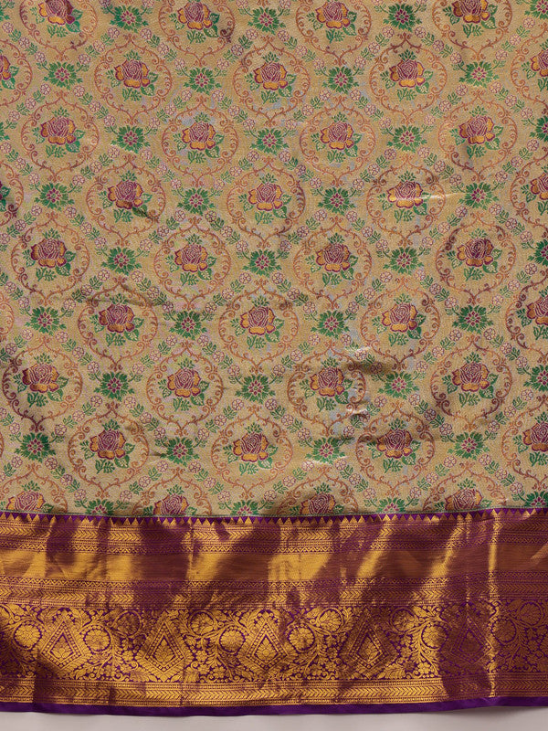 Gray Silver Pure Silk Floral Saree with Zari Weave & Blouse