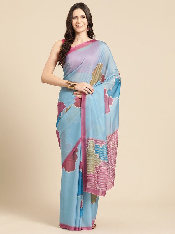Aqua blue silk blend saree featuring modern abstract print patterns with matching blouse fabric