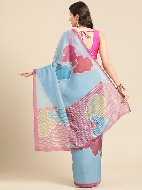 Aqua Silk Blend Abstract Printed Saree with Blouse Piece