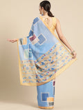 Blue Silk Blend Printed Abstract Saree with Unstitched Blouse