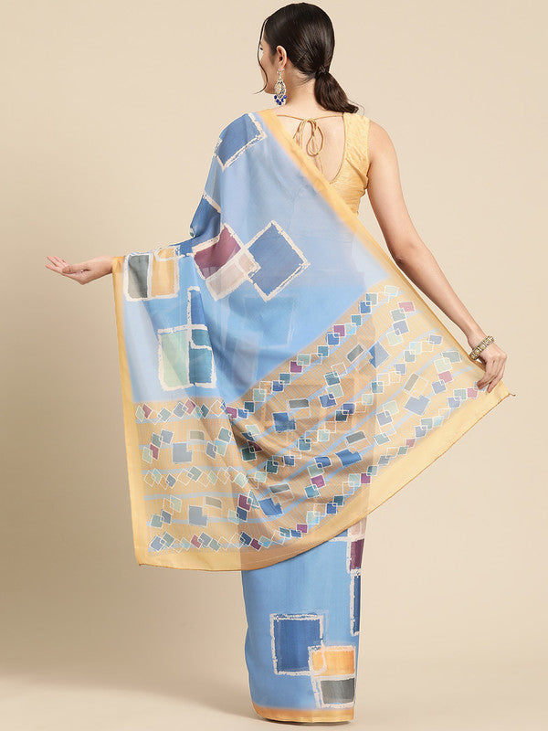 Blue Silk Blend Printed Abstract Saree with Unstitched Blouse
