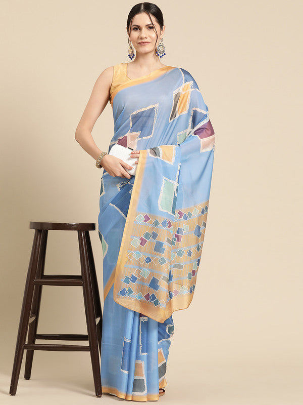 Blue Silk Blend saree with artistic abstract print and matching unstitched blouse piece