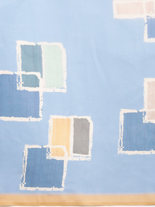 Blue Silk Blend Printed Abstract Saree with Unstitched Blouse