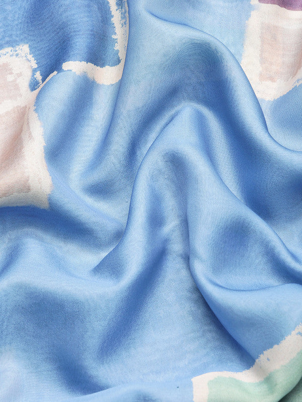 Blue Silk Blend Printed Abstract Saree with Unstitched Blouse