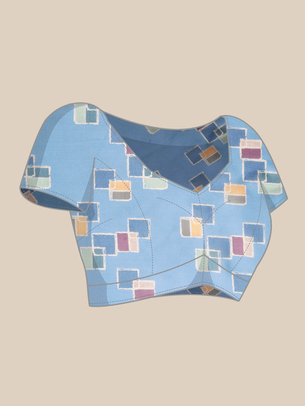 Blue Silk Blend Printed Abstract Saree with Unstitched Blouse