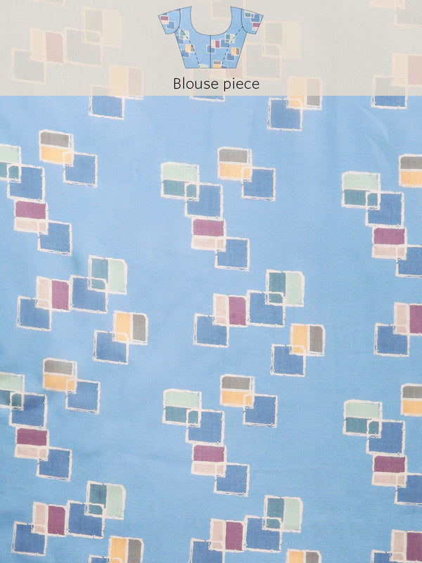 Blue Silk Blend Printed Abstract Saree with Unstitched Blouse